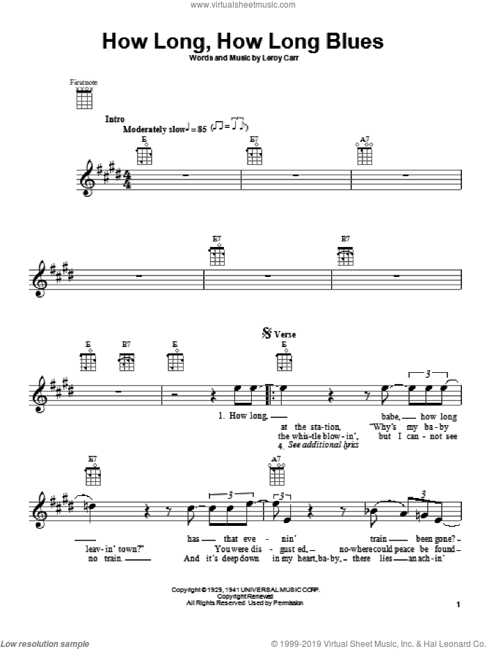 How Long, How Long Blues sheet music for ukulele by Leroy Carr, intermediate skill level
