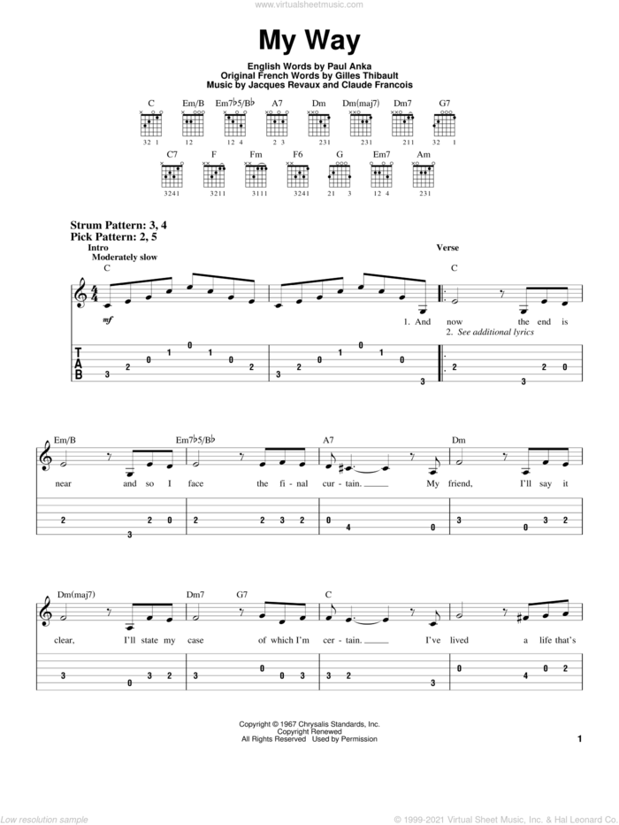 My Way sheet music for guitar solo (easy tablature) by Paul Anka, Elvis Presley, Frank Sinatra, Claude Francois, Gilles Thibault and Jacques Revaux, easy guitar (easy tablature)