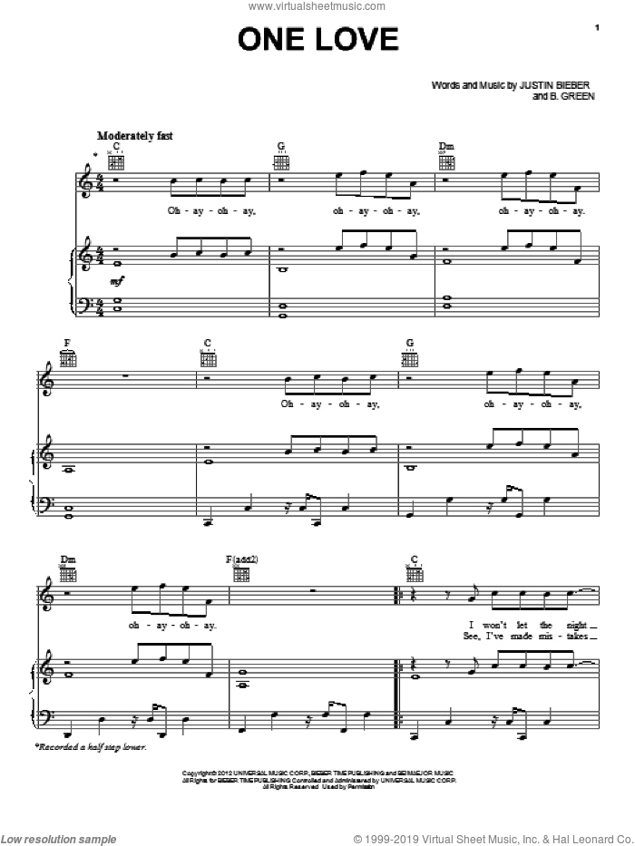 One Love sheet music for voice, piano or guitar by Justin Bieber, intermediate skill level