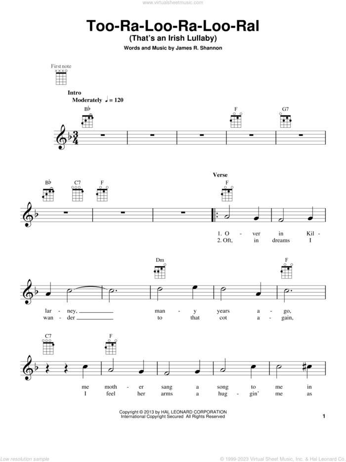 Too-Ra-Loo-Ra-Loo-Ral (That's An Irish Lullaby) sheet music for ukulele by James R. Shannon, intermediate skill level