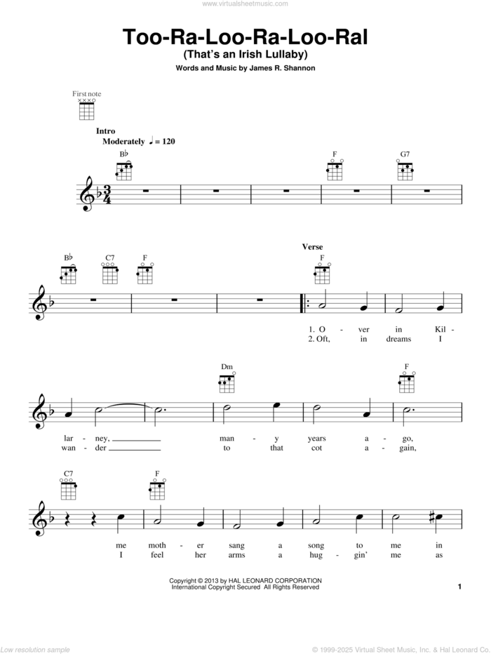 Too-Ra-Loo-Ra-Loo-Ral (That's An Irish Lullaby) sheet music for ukulele by James R. Shannon, intermediate skill level