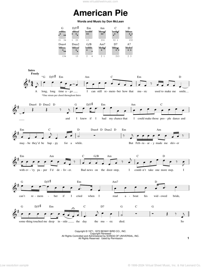 American Pie sheet music for guitar solo (chords) by Don McLean, easy guitar (chords)