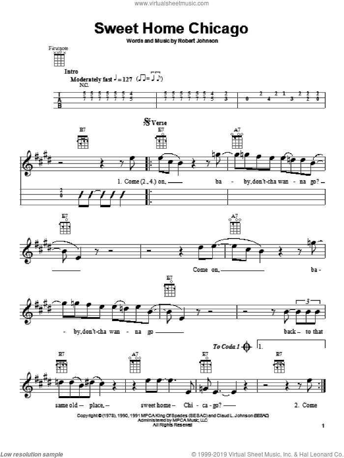 Sweet Home Chicago sheet music for ukulele by Robert Johnson and The Blues Brothers, intermediate skill level