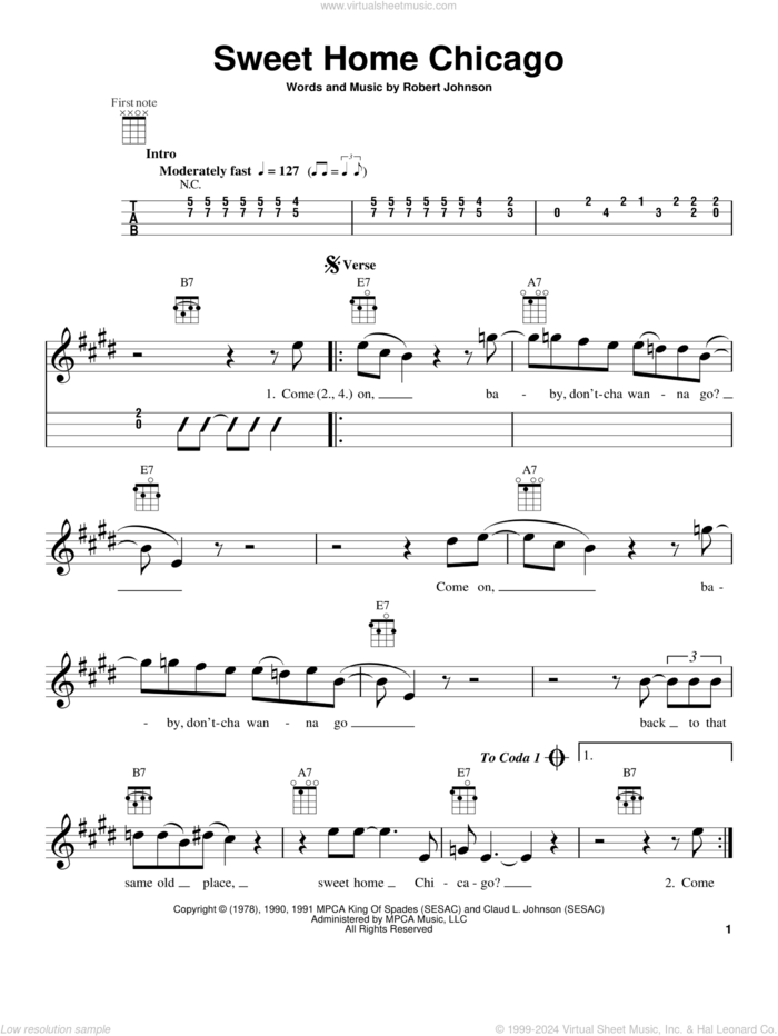 Sweet Home Chicago sheet music for ukulele by Robert Johnson and The Blues Brothers, intermediate skill level