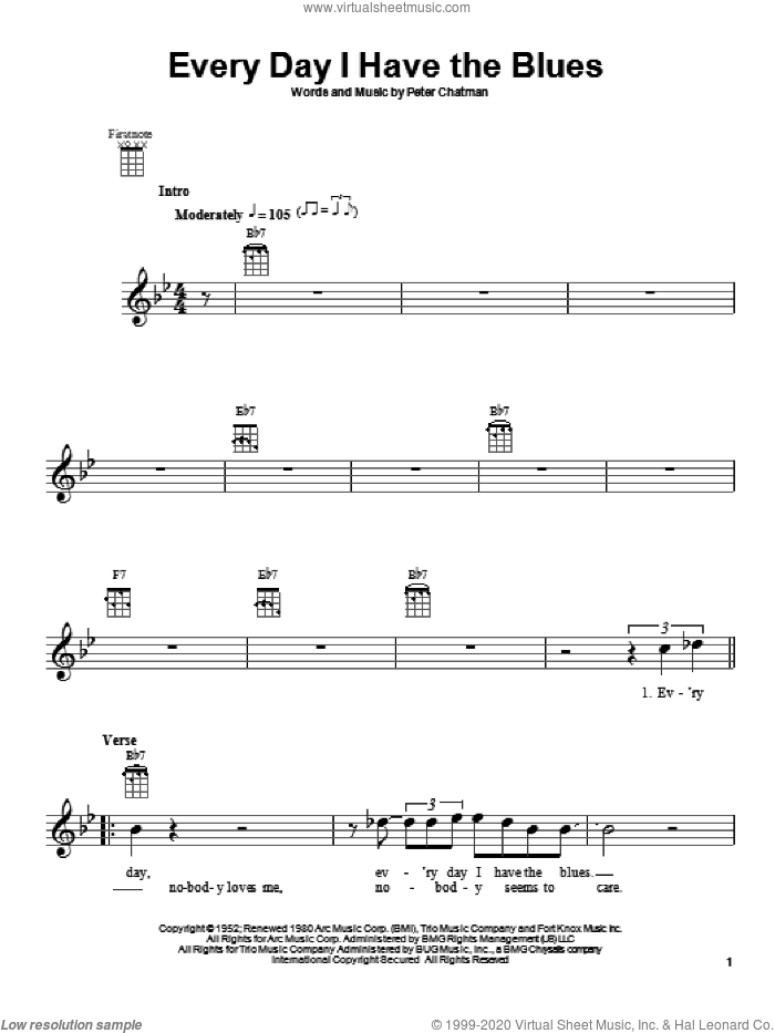 Every Day I Have The Blues sheet music for ukulele by B.B. King and Peter Chatman, intermediate skill level