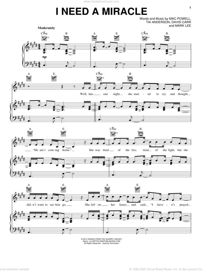 I Need A Miracle sheet music for voice, piano or guitar by Third Day, intermediate skill level