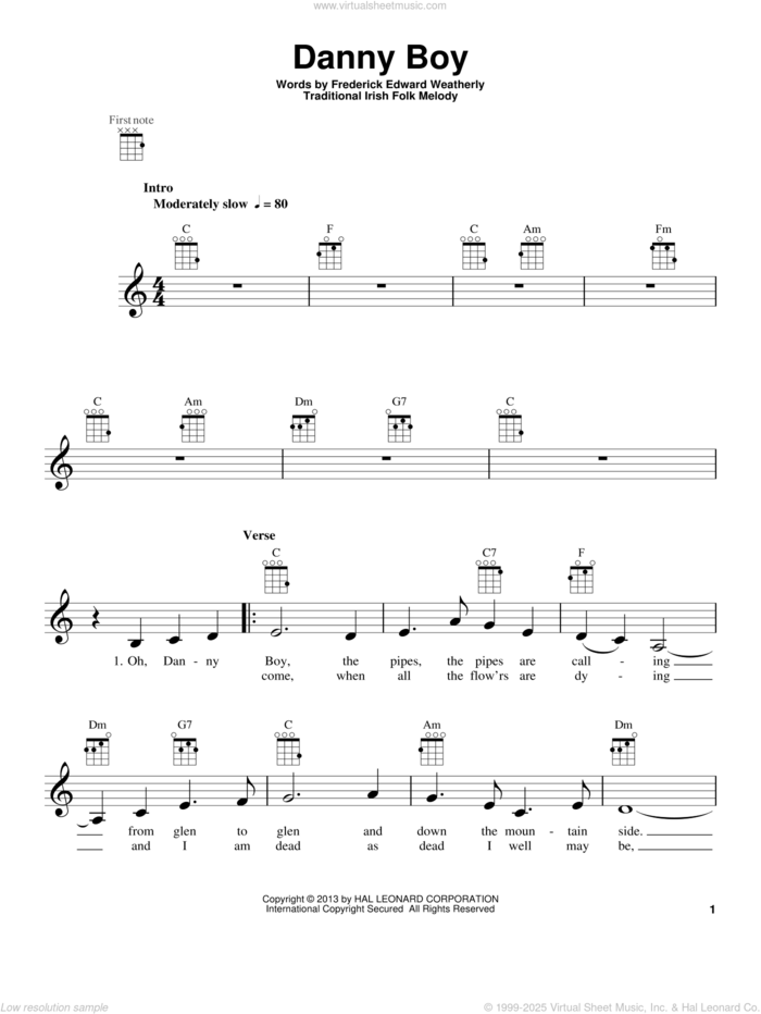 Danny Boy sheet music for ukulele by Frederick Edward Weatherly and Traditional Irish, intermediate skill level