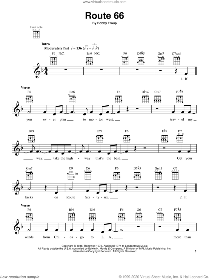 Route 66 sheet music for ukulele by Manhattan Transfer and Bobby Troup, intermediate skill level