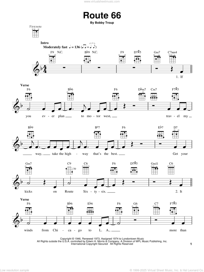 Route 66 sheet music for ukulele by Manhattan Transfer and Bobby Troup, intermediate skill level