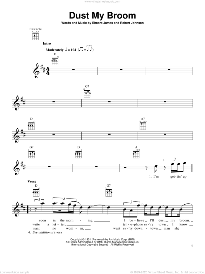 Dust My Broom sheet music for ukulele by Robert Johnson and Elmore James, intermediate skill level