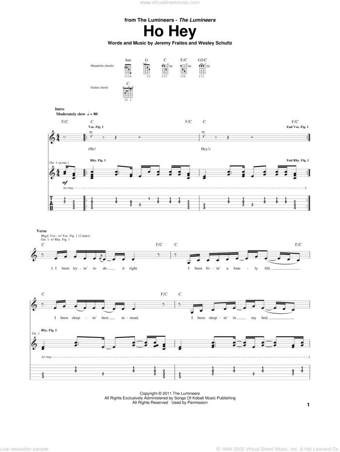 Ho Hey sheet music for guitar (tablature) by The Lumineers, Jeremy Fraites and Wesley Schultz, intermediate skill level