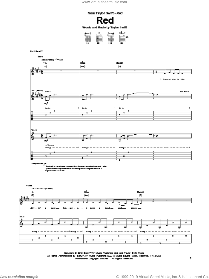 Red sheet music for guitar (tablature) by Taylor Swift, intermediate skill level