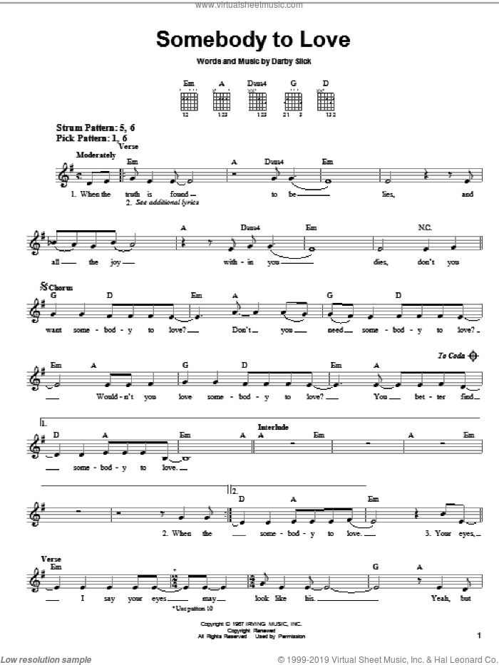 Somebody To Love sheet music for guitar solo (chords) by Jefferson Airplane and Darby Slick, easy guitar (chords)
