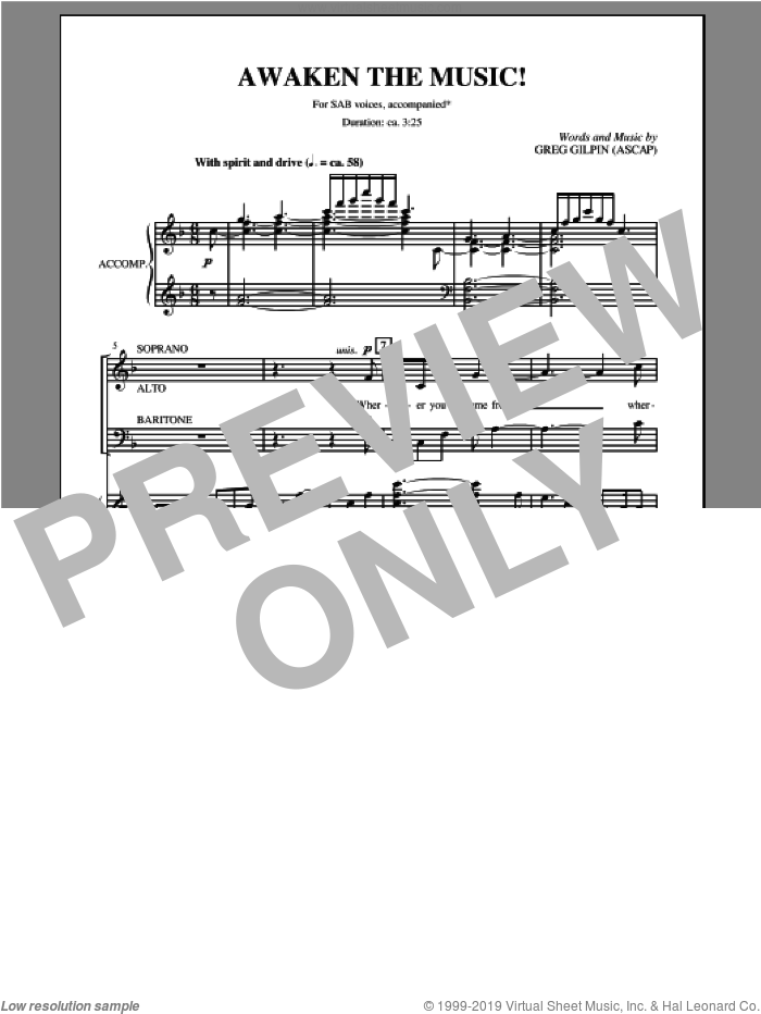 Awaken The Music sheet music for choir (SAB: soprano, alto, bass) by Greg Gilpin, intermediate skill level