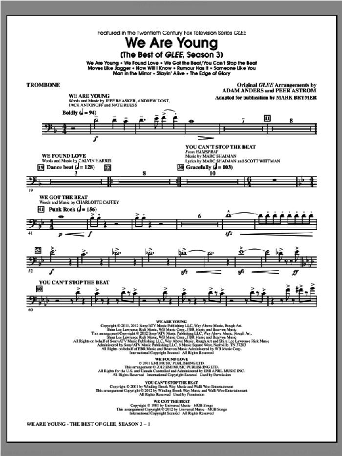 We Are Young, the best of glee season 3 sheet music for orchestra/band (trombone) by Mark Brymer and Glee Cast, intermediate skill level