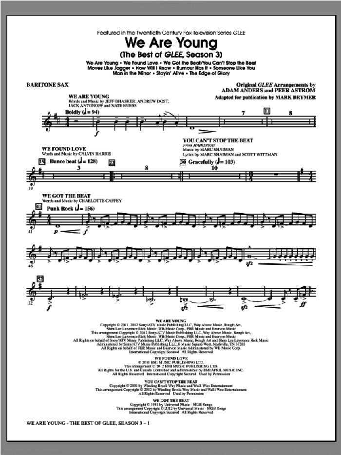 We Are Young, the best of glee season 3 sheet music for orchestra/band (baritone sax) by Mark Brymer and Glee Cast, intermediate skill level