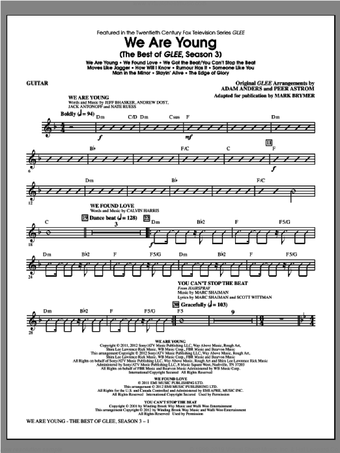 We Are Young, the best of glee season 3 sheet music for orchestra/band (guitar) by Mark Brymer and Glee Cast, intermediate skill level