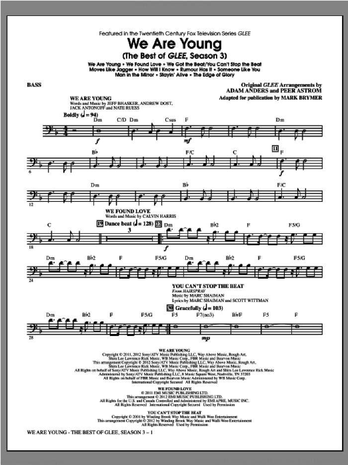 We Are Young, the best of glee season 3 sheet music for orchestra/band (bass) by Mark Brymer and Glee Cast, intermediate skill level