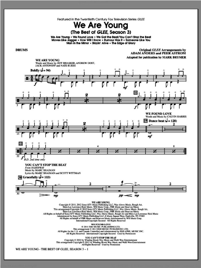 We Are Young, the best of glee season 3 sheet music for orchestra/band (drums) by Mark Brymer and Glee Cast, intermediate skill level