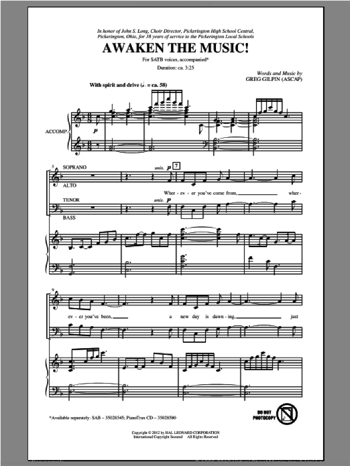 Awaken The Music sheet music for choir (SATB: soprano, alto, tenor, bass) by Greg Gilpin, intermediate skill level