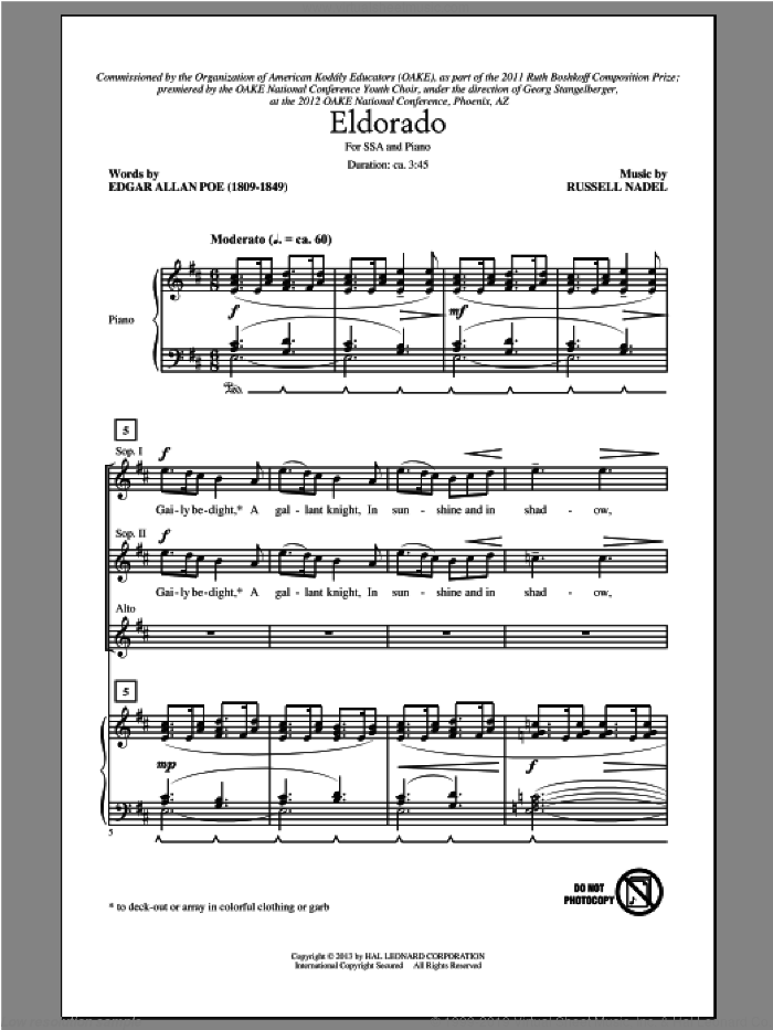Eldorado sheet music for choir (SSA: soprano, alto) by Russell Nadel and Edgar Allan Poe, intermediate skill level