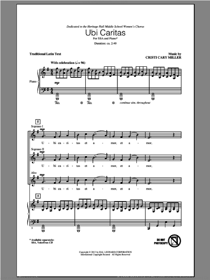 Ubi Caritas sheet music for choir (SSA: soprano, alto) by Cristi Cary Miller, intermediate skill level