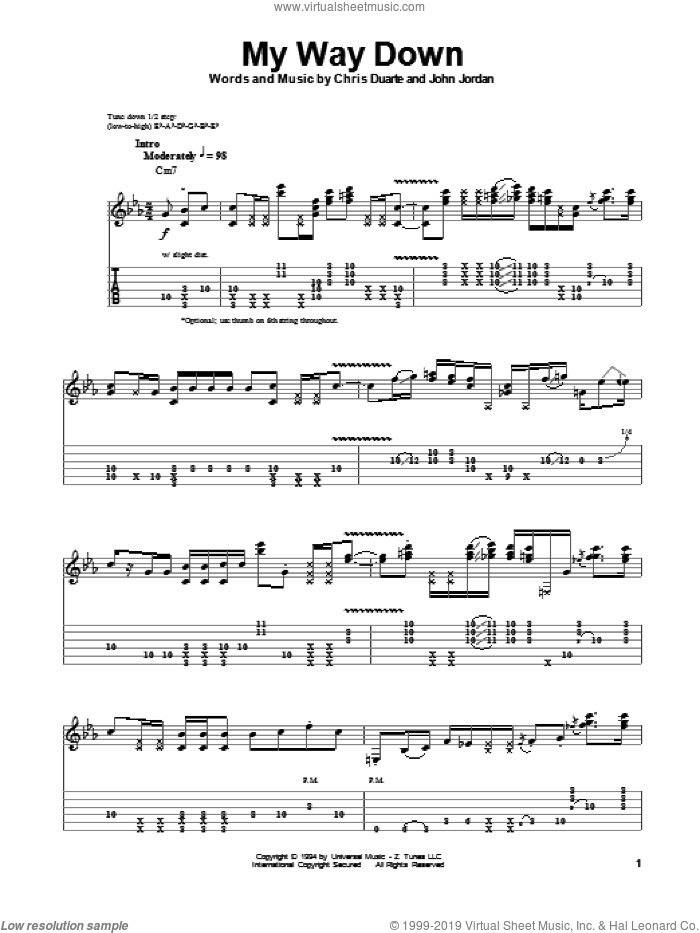 My Way Down sheet music for guitar (tablature, play-along) by Chris Duarte and John Jordan, intermediate skill level