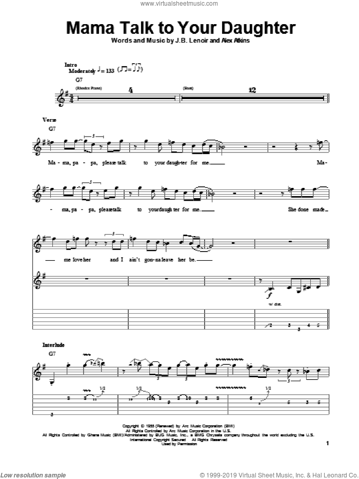Mama Talk To Your Daughter sheet music for guitar (tablature, play-along) by Robben Ford, Alex Atkins and J.B. Lenoir, intermediate skill level