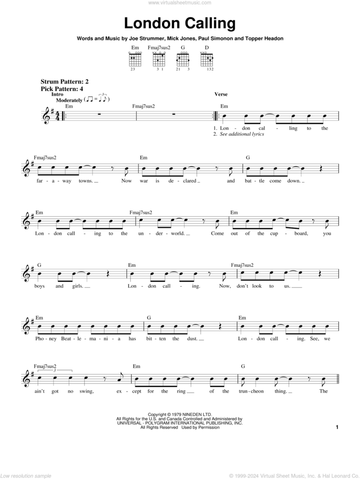 London Calling sheet music for guitar solo (chords) by The Clash, Joe Strummer, Mick Jones, Paul Simonon and Topper Headon, easy guitar (chords)