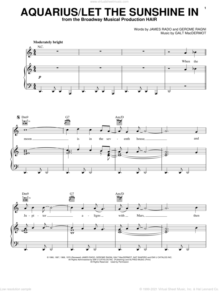 Aquarius/Let The Sunshine In sheet music for voice, piano or guitar by The Fifth Dimension, Galt MacDermot, Gerome Ragni and James Rado, intermediate skill level
