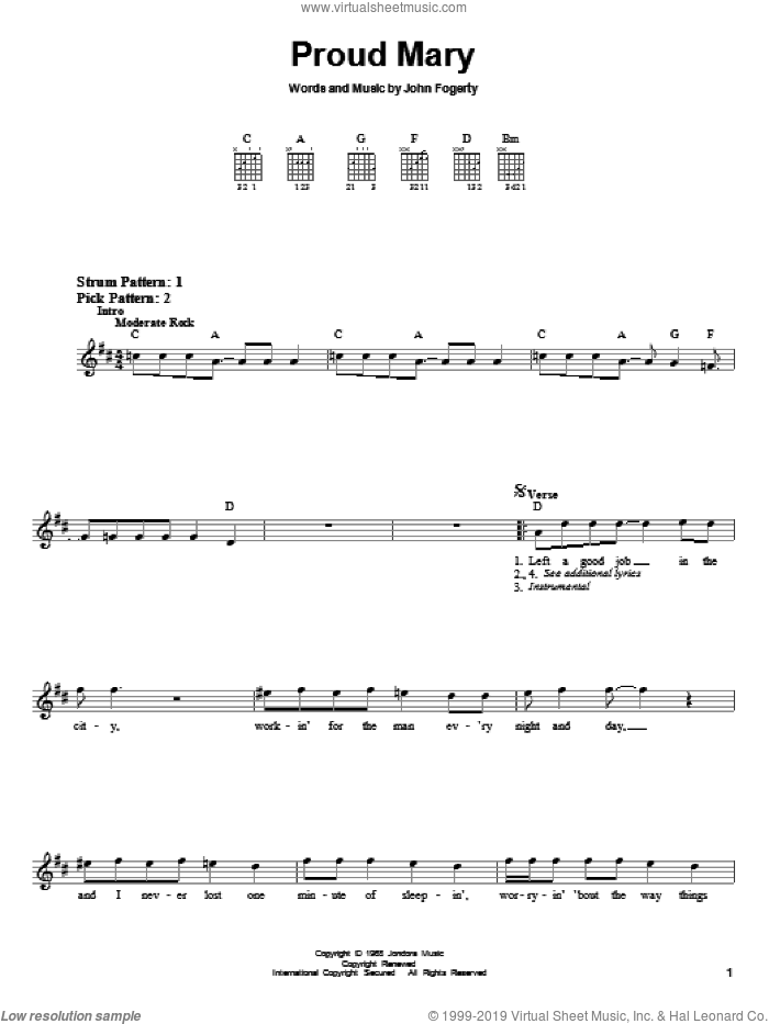 Proud Mary sheet music for guitar solo (chords) by Creedence Clearwater Revival, Ike & Tina Turner and John Fogerty, easy guitar (chords)