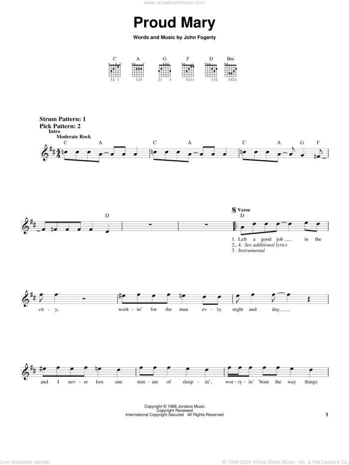 Proud Mary sheet music for guitar solo (chords) by Creedence Clearwater Revival, Ike & Tina Turner and John Fogerty, easy guitar (chords)