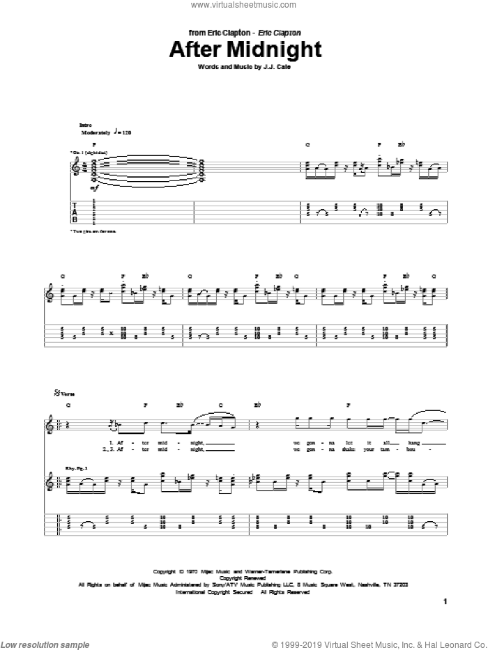 After Midnight sheet music for guitar (tablature) by Eric Clapton, John Cale and John W. Cale, intermediate skill level