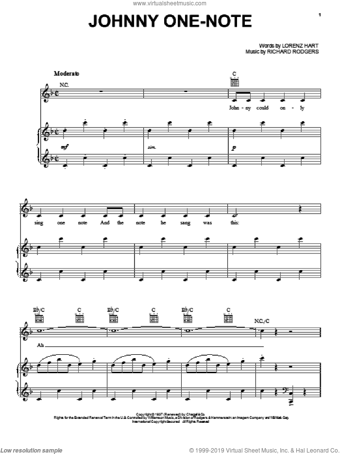 Johnny One-Note sheet music for voice, piano or guitar by Rodgers & Hart, Babes In Arms (Musical), Lorenz Hart and Richard Rodgers, intermediate skill level