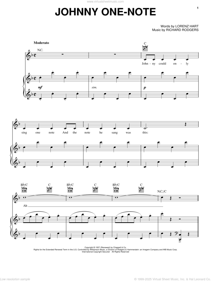 Johnny One-Note sheet music for voice, piano or guitar by Rodgers & Hart, Babes In Arms (Musical), Lorenz Hart and Richard Rodgers, intermediate skill level