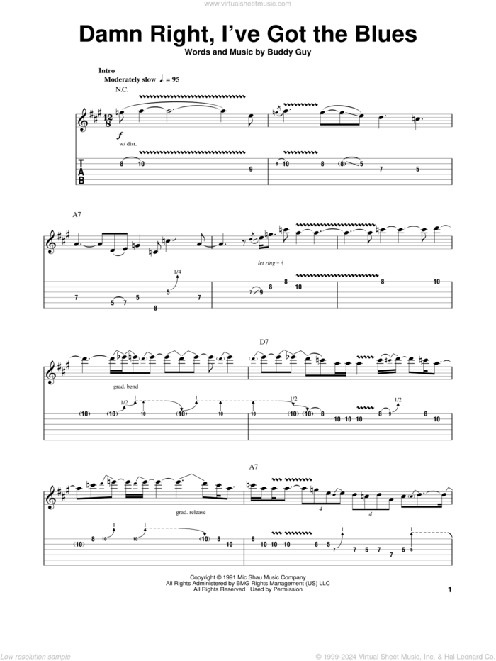 Damn Right, I've Got The Blues sheet music for guitar (tablature, play-along) by Buddy Guy, intermediate skill level