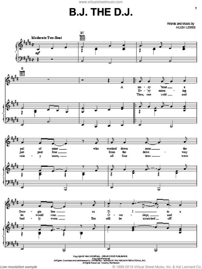 B.J. The D.J. sheet music for voice, piano or guitar by Stonewall Jackson and Hugh Lewis, intermediate skill level