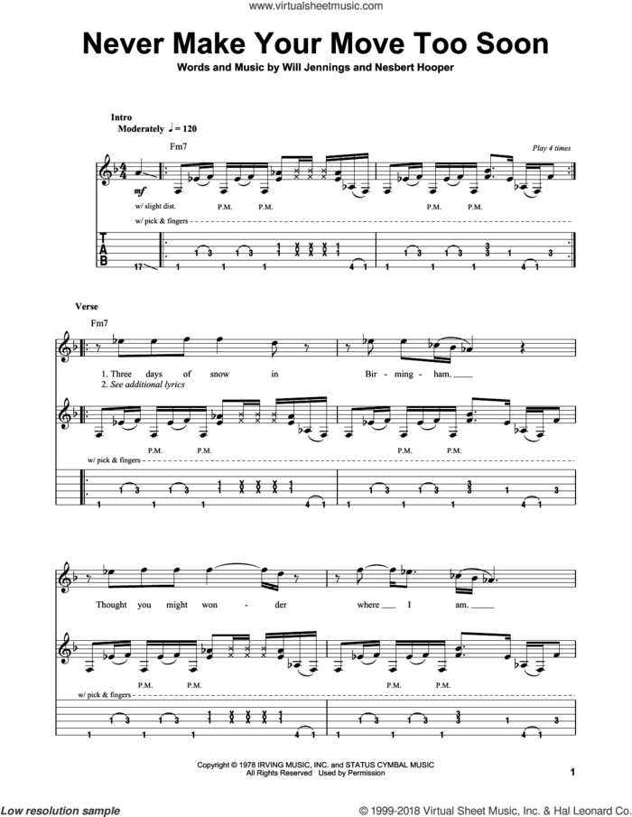 Never Make Your Move Too Soon sheet music for guitar (tablature, play-along) by Will Jennings, Joe Bonamassa and Nesbert Hooper, intermediate skill level