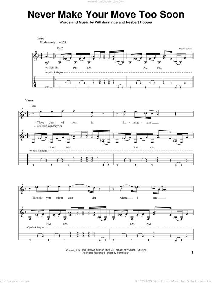 Never Make Your Move Too Soon sheet music for guitar (tablature, play-along) by Will Jennings, Joe Bonamassa and Nesbert Hooper, intermediate skill level