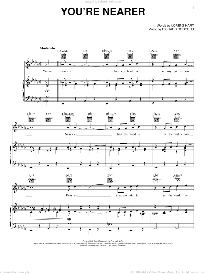 You're Nearer sheet music for voice, piano or guitar by Rodgers & Hart, Babes In Arms (Musical), Lorenz Hart and Richard Rodgers, intermediate skill level