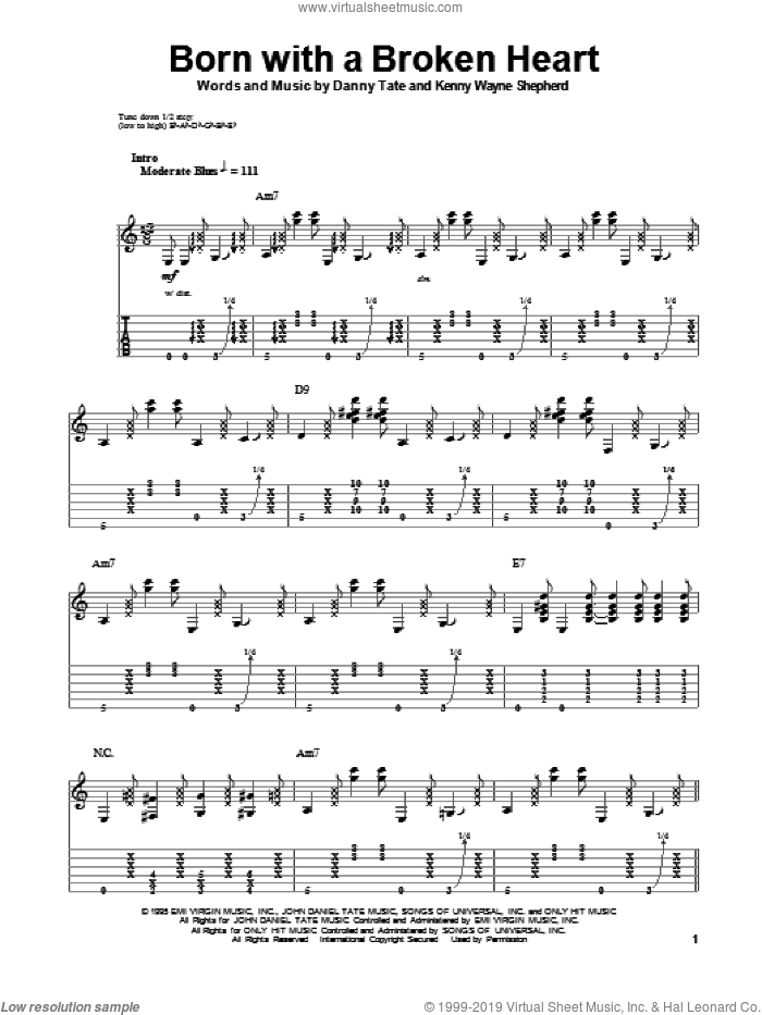 Born With A Broken Heart sheet music for guitar (tablature, play-along) by Kenny Wayne Shepherd and Danny Tate, intermediate skill level