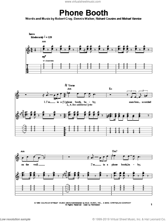 Phone Booth sheet music for guitar (tablature, play-along) by Robert Cray, intermediate skill level