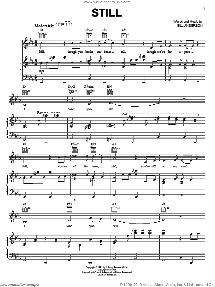 Still sheet music for voice, piano or guitar by Bill Anderson, intermediate skill level