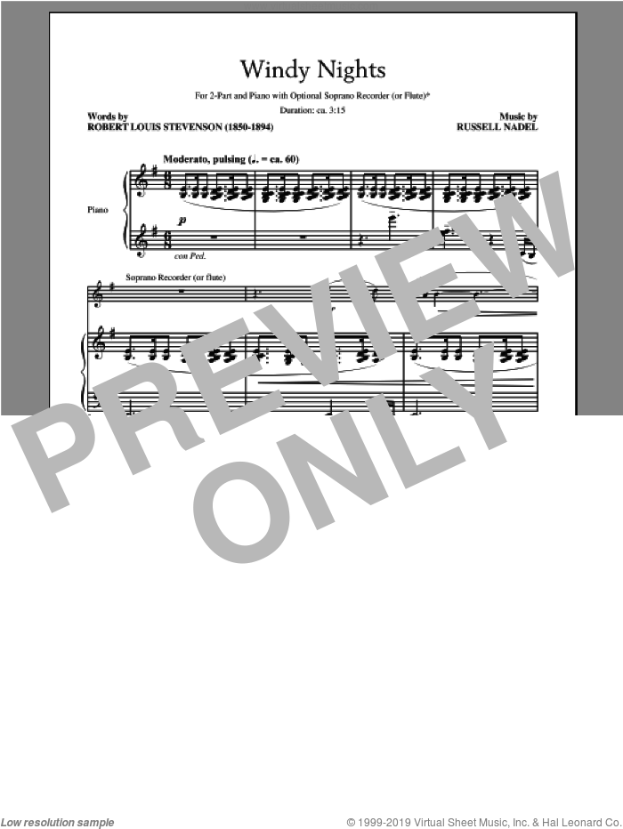 Windy Nights sheet music for choir (2-Part) by Russell Nadel, intermediate duet