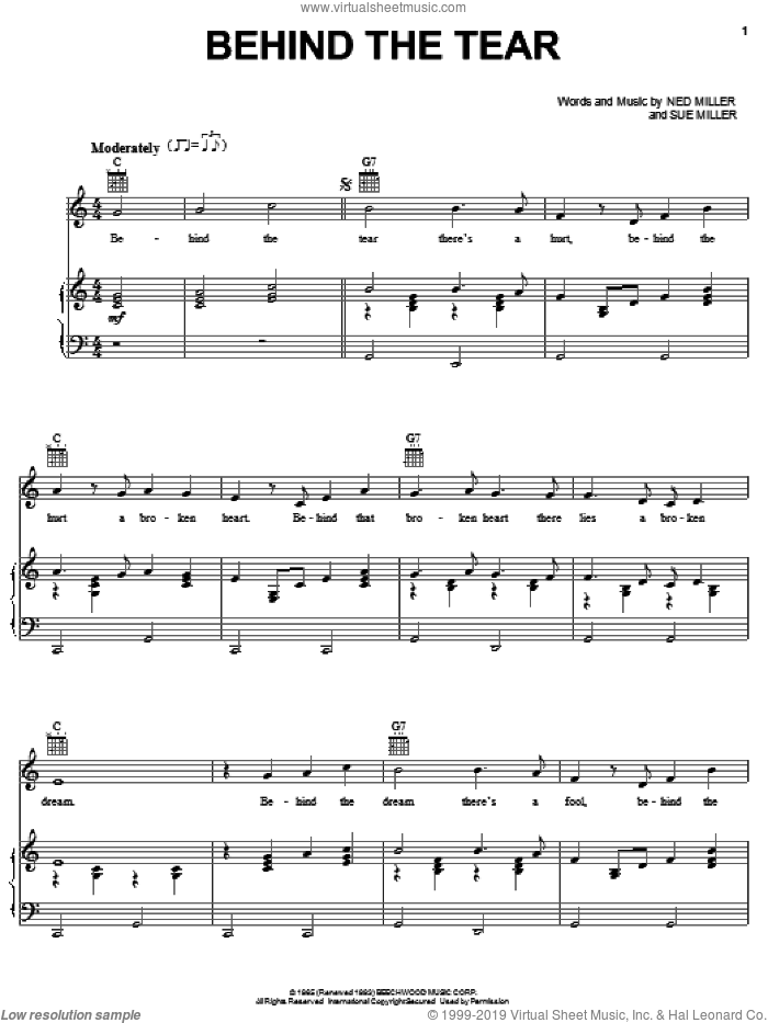 Behind The Tear sheet music for voice, piano or guitar by Sonny James, Ned Miller and Sue Miller, intermediate skill level