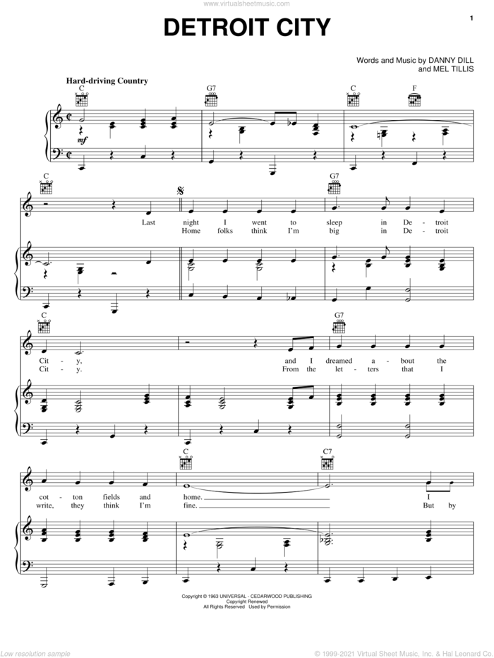 Detroit City sheet music for voice, piano or guitar by Bobby Bare, Danny Dill and Mel Tillis, intermediate skill level