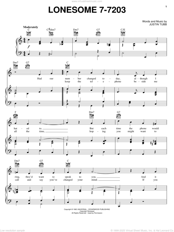 Lonesome 7-7203 sheet music for voice, piano or guitar by Hawkshaw Hawkins and Justin Tubb, intermediate skill level