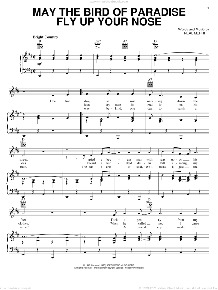 May The Bird Of Paradise Fly Up Your Nose sheet music for voice, piano or guitar by 'Little' Jimmy Dickens and Neal Merritt, intermediate skill level