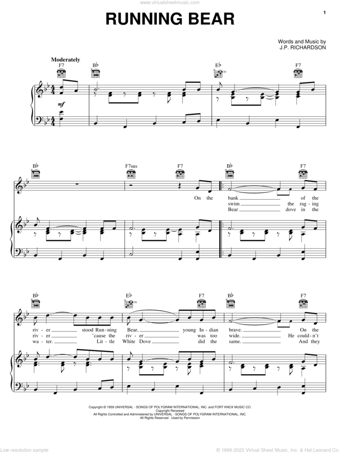 Running Bear sheet music for voice, piano or guitar by Sonny James, Johnny Preston and J.P. Richardson, intermediate skill level