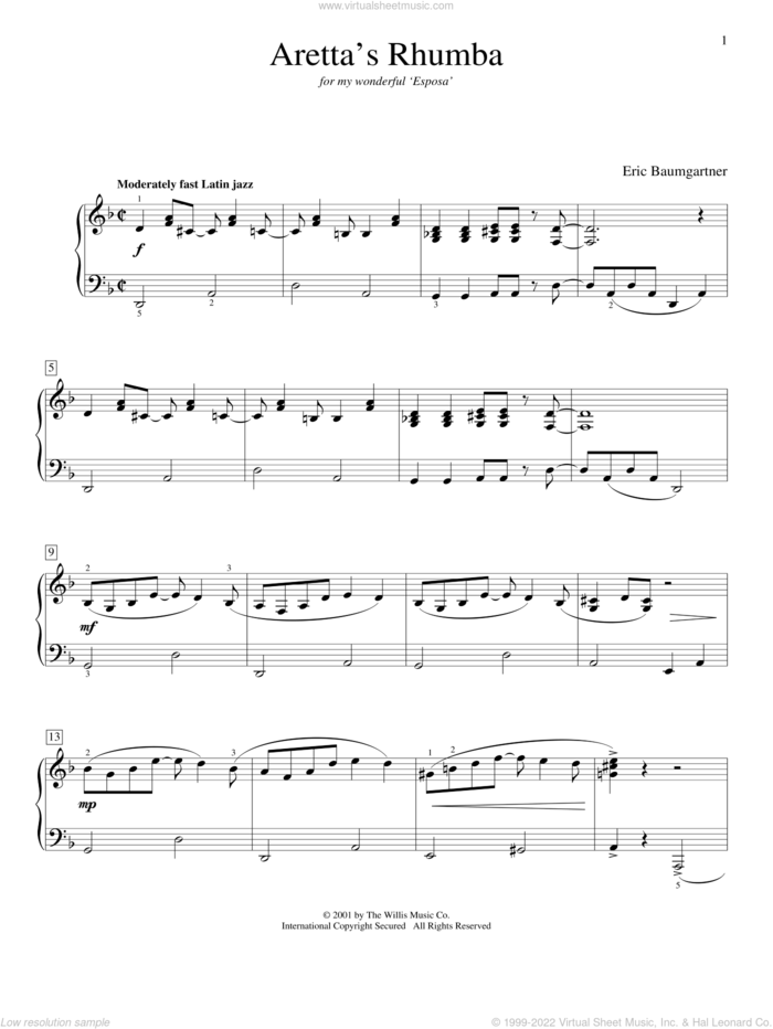 Aretta's Rhumba sheet music for piano solo (elementary) by Eric Baumgartner, beginner piano (elementary)